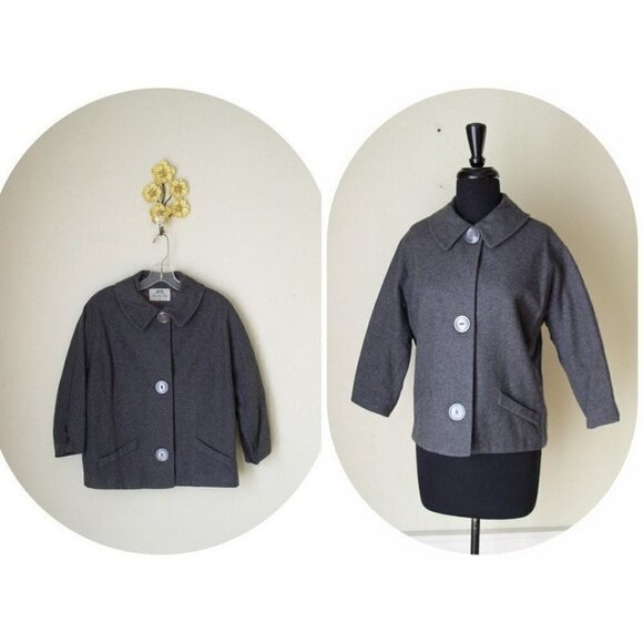 Vintage 1950's Peter Pan Collar Jacket Women's Gray Italian Wool Big Button Coat - Picture 1 of 5